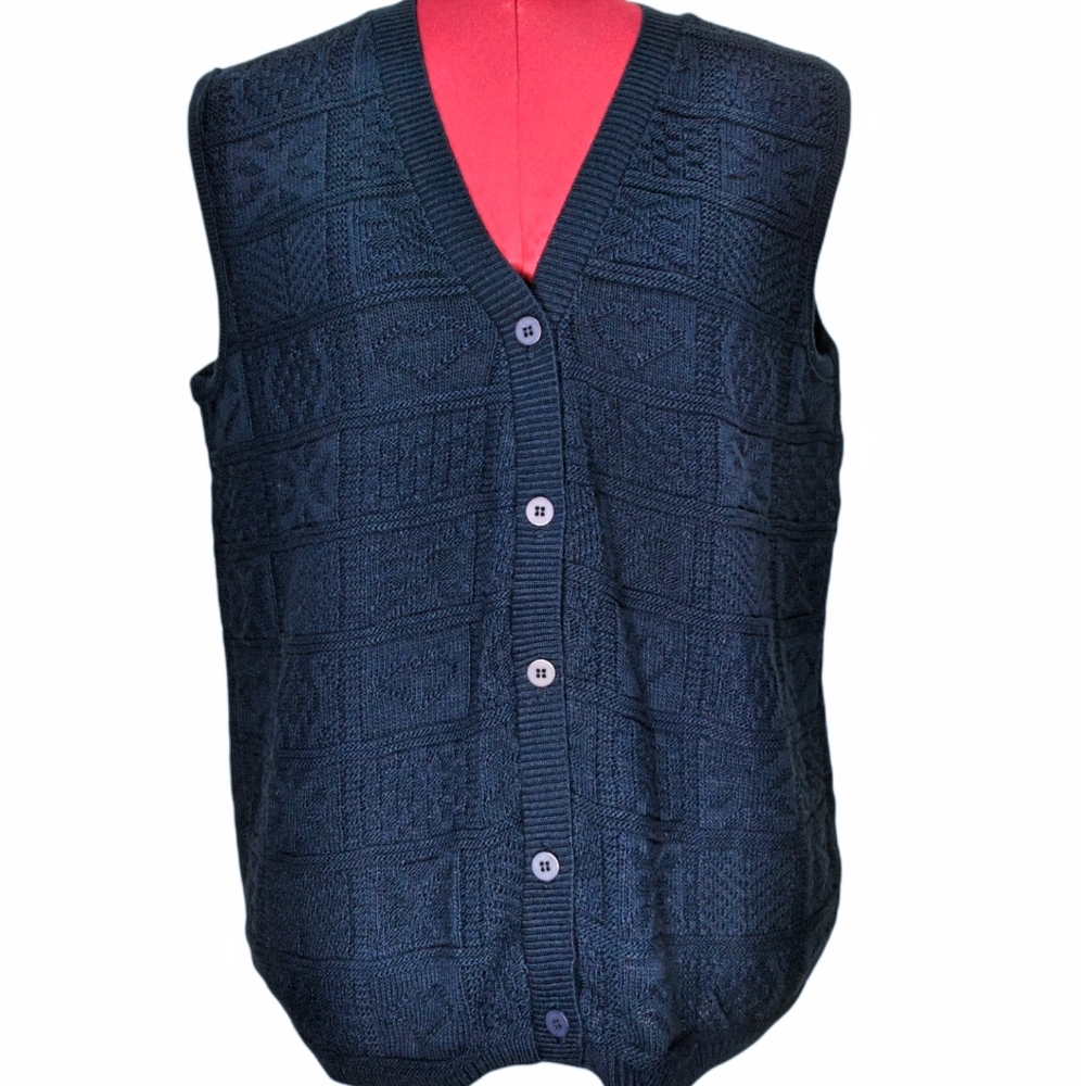 Bedford Fair Vtg Blue Knit Sweater Vest Cardigan Medium 80s 90s